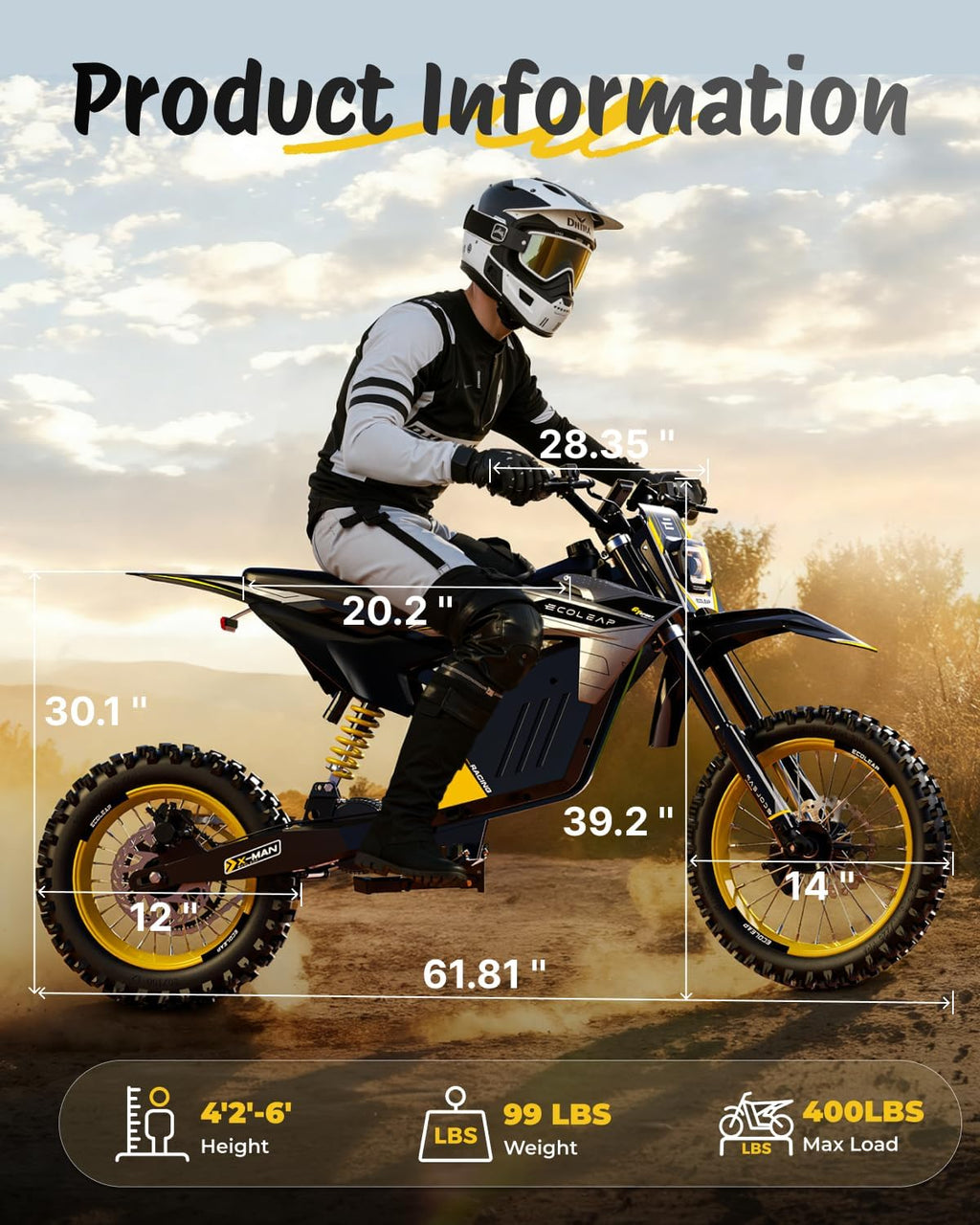 ECOLEAP 3500W Peak Electric Dirt Bike for Teens & Adults, 37MPH Electric Off-Road E-Bike with 48V 21Ah Battery, Up to 55 Miles Range, Dual Suspension, Hydraulic Brakes, 400LBS Load, Fit Age 13+
