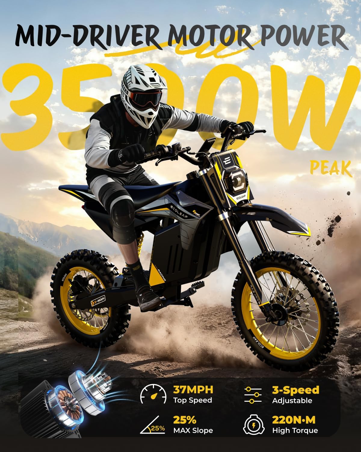 ECOLEAP 3500W Peak Electric Dirt Bike for Teens & Adults, 37MPH Electric Off-Road E-Bike with 48V 21Ah Battery, Up to 55 Miles Range, Dual Suspension, Hydraulic Brakes, 400LBS Load, Fit Age 13+
