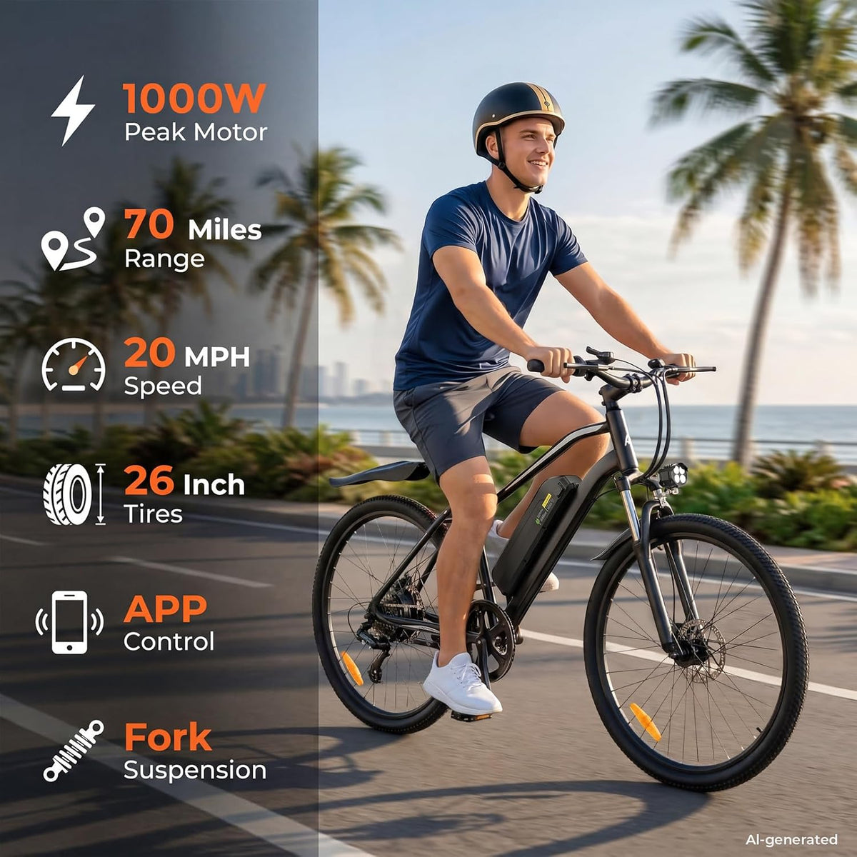 Electric Bike, 1000W/750W Motor, 20MPH, 70-55 Miles, 26" Tires, APP