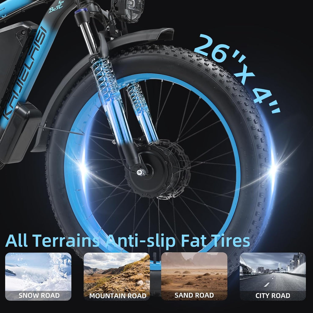 AWD Electric Bike for Adults, Peak 4000W Power 26” Fat Tire Ebike, Dual Motor Electric Bicycles, 48V 22.4AH Removable Battery Fast Dual Hydraulic Brakes 21-Speed All Terrain E-Bikes
