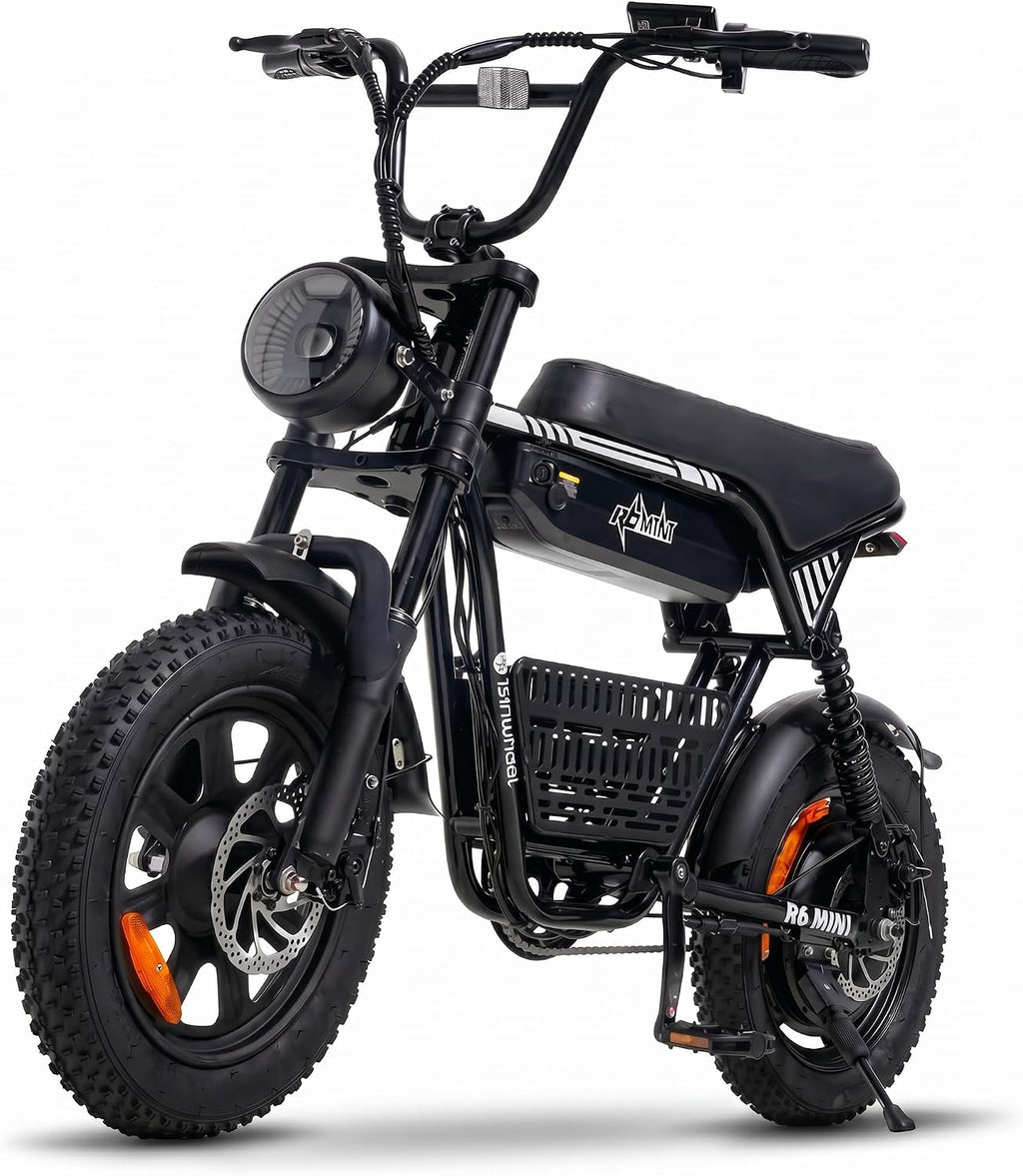 isinwheel R6mini Electric Bike Peak 1000W Motor Fat Tire Ebike,48V 13Ah Battery Range 30+Miles Top 20+ mph with Frontlight Bluetooth Speaker and Bottom-Mounted Basket for Commute,Camping
