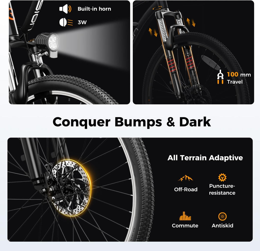 Jasion EB5 Electric Bike for Adults 26" tire with 1000W Peak Motor | Removable Battery Commuting Electric Mountain Bike,Up to 40Miles,7-Speed and Front Fork Suspension Ebike