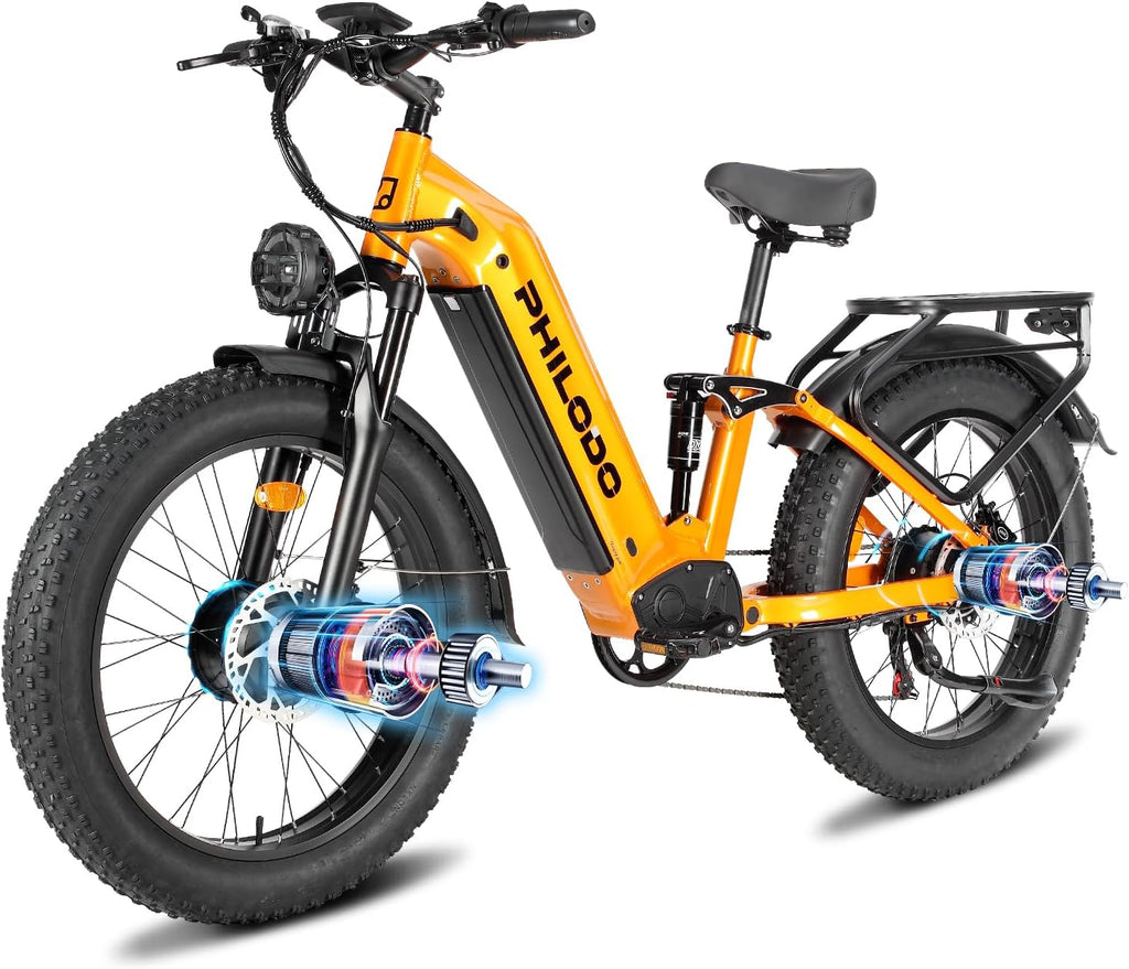 5000W Peak Dual Motor Electric Bike for Adults – 60V 32Ah Battery, 45 Top Speed, Full Suspension, 26"/24"x4" Fat Tire All-Terrain E-Bike for Snow, Sand, and Mountain Trails
