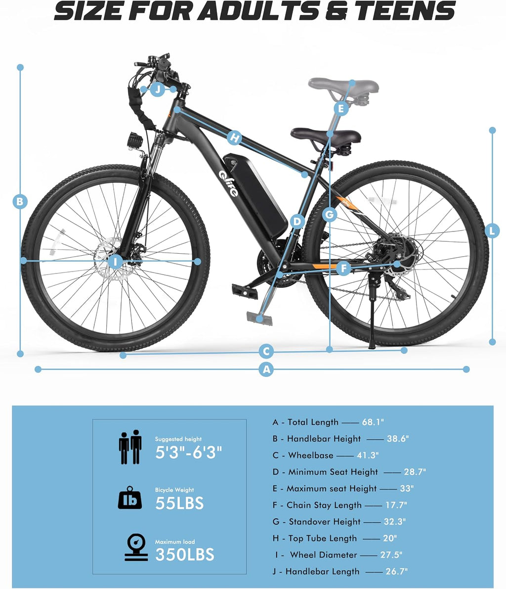 Qlife Electric Bike for Adults/Teens Racer, 21-Speed Peak 1200W Brushless Motor Adult Electric Bicycles, 48V 10.4Ah Removable Battery Mountain Ebike, Up to 55 Miles, 27.5X2.1 Tire E Bike