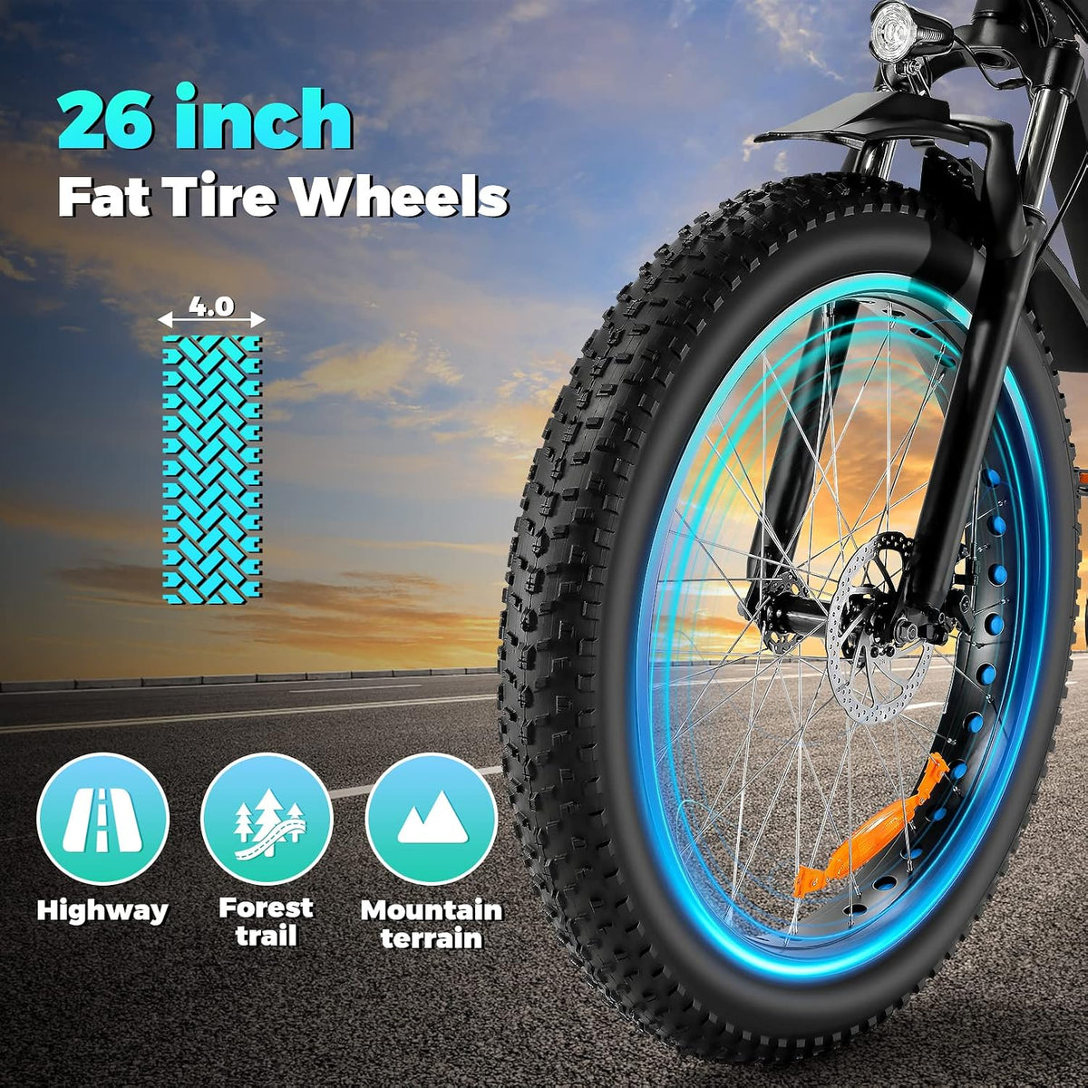 Electric Bike 26" Fat Tire Electric Bike for Adult, Peak 750W 48V 13Ah/ 10Ah Removable Battery Electric Mountain Bike, Commuting Off Road Ebike 7 Speed & Front Suspension Fast Charge