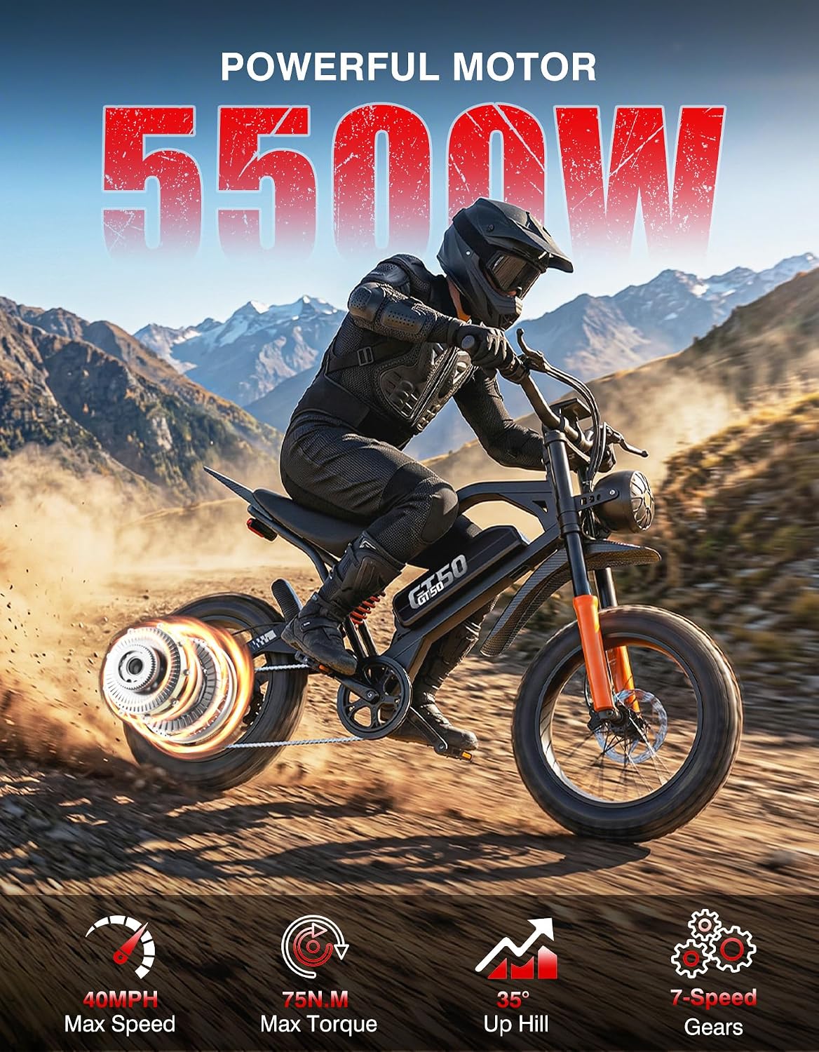 This electric bicycle is equipped with a high-performance 2500W peak brushless motor, with a top speed of up to an astonishing 28MPH and a torque of 50Nm, making it easy to handle 35 ° steep slopes, soft sand, and muddy forest roads.