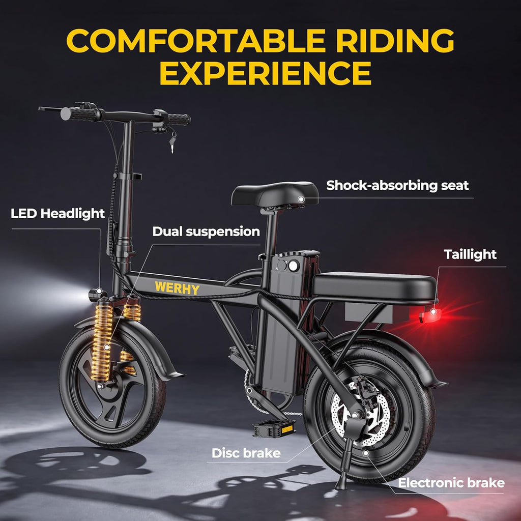 WERHY Electric Bike for Adults, 500W Motor, 20 MPH Max Speed Folding Ebike, 14" Electric Bicycles, Max 20/30 Miles Range (Pedal Assist Mode), Mini E Bikes