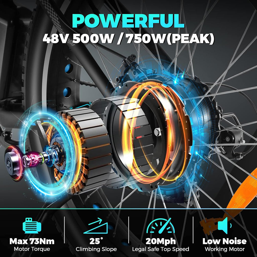 Electric Bike 26" Fat Tire Electric Bike for Adult, Peak 750W 48V 13Ah/ 10Ah Removable Battery Electric Mountain Bike, Commuting Off Road Ebike 7 Speed & Front Suspension Fast Charge