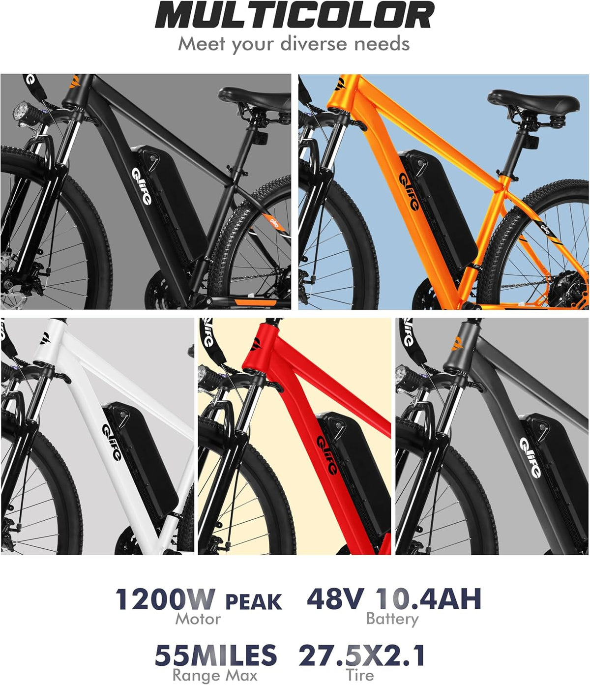 Qlife Electric Bike for Adults/Teens Racer, 21-Speed Peak 1200W Brushless Motor Adult Electric Bicycles, 48V 10.4Ah Removable Battery Mountain Ebike, Up to 55 Miles, 27.5X2.1 Tire E Bike