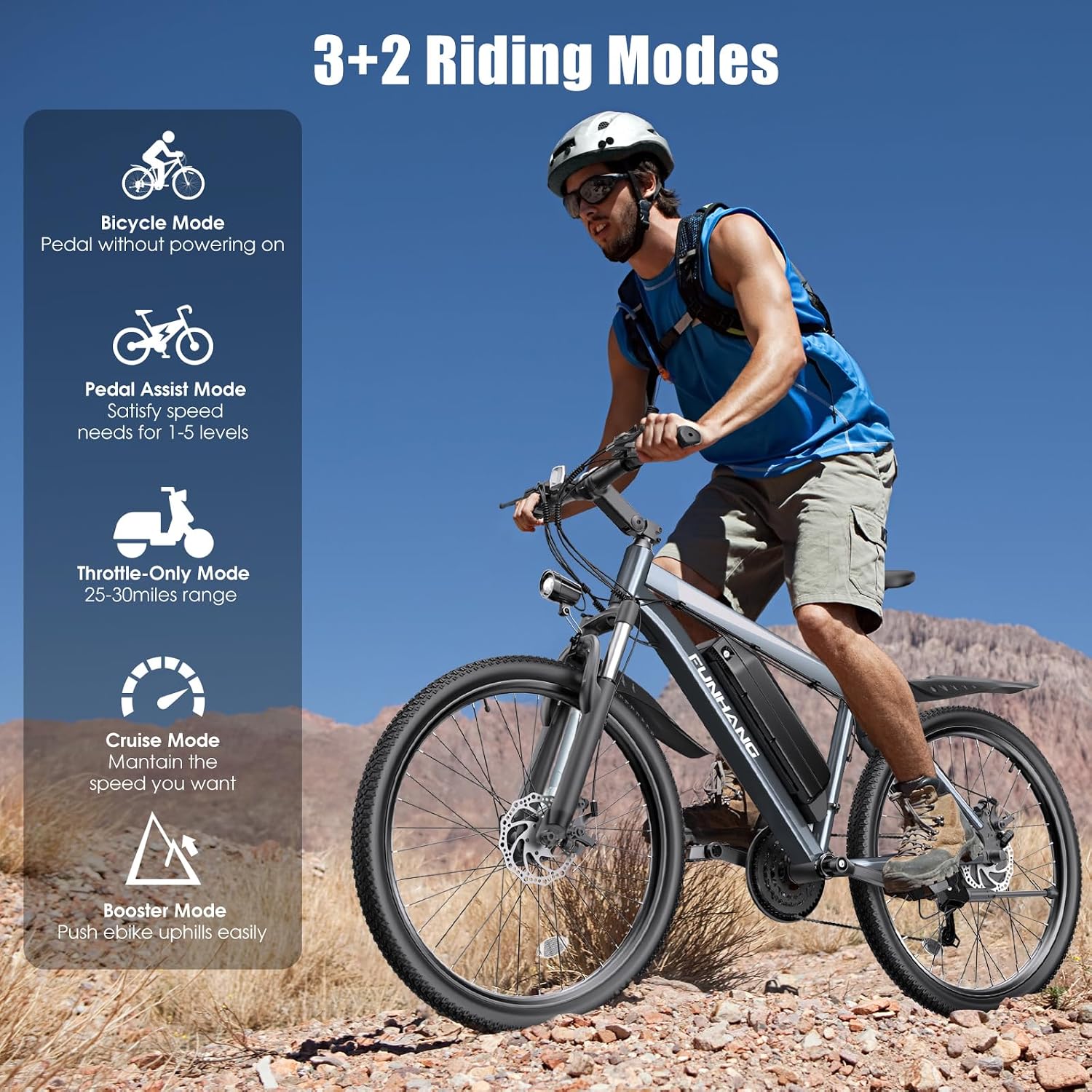 Funhang Electric Bike for Adults, 1000W Peak Ebike, 50Miles Electric Mountain Bike, 26" Adult Electric Bicycle with 48V Removable Battery, Fenders,7 Speed, Front Suspension, UL 2849 Certified