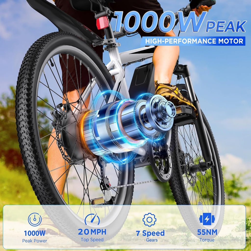 Electric Bike for Adults, 26" Ebike with 1000W Peak Motor, 20MPH 50Miles Electric Mountain Bike with 48V Removable Battery, 7-Speed, Front Suspension, LCD Display, UL 2849 Certified