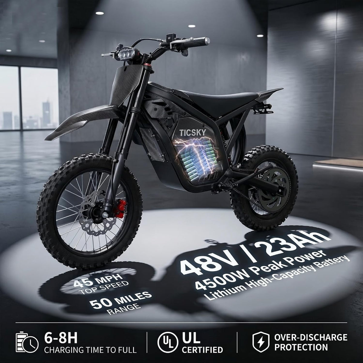 Electric Dirt Bike,4500W Peak Motor 48V 23Ah 45MPH 50 Miles Range