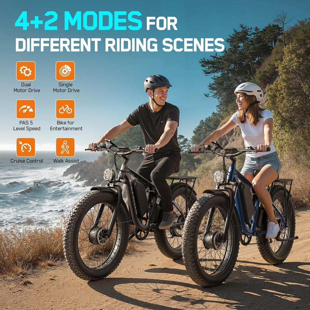 5000W Electric Bike for Adults Dual Motor– 45MPH Top Speed, 52V 23Ah Battery Up to 100 Miles Lockable Front Suspension 26" Fat Tire E-Bike for Mountain Snow Beach & Daily Commute