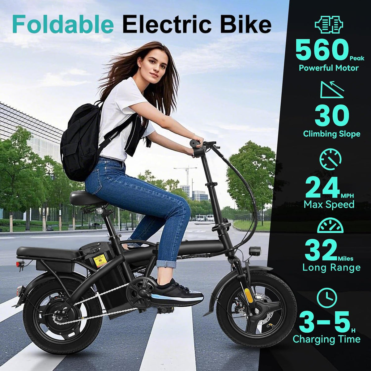 Electric Bike for Adults and Teens, 560-740W Motor, 20-25MPH Compact Commuter Folding Ebike, 32 Miles Range, 48V 10Ah Battery, 3-Level Pedal Assist, 14" Foldable Electric Bicycle, UL 2849 Certified