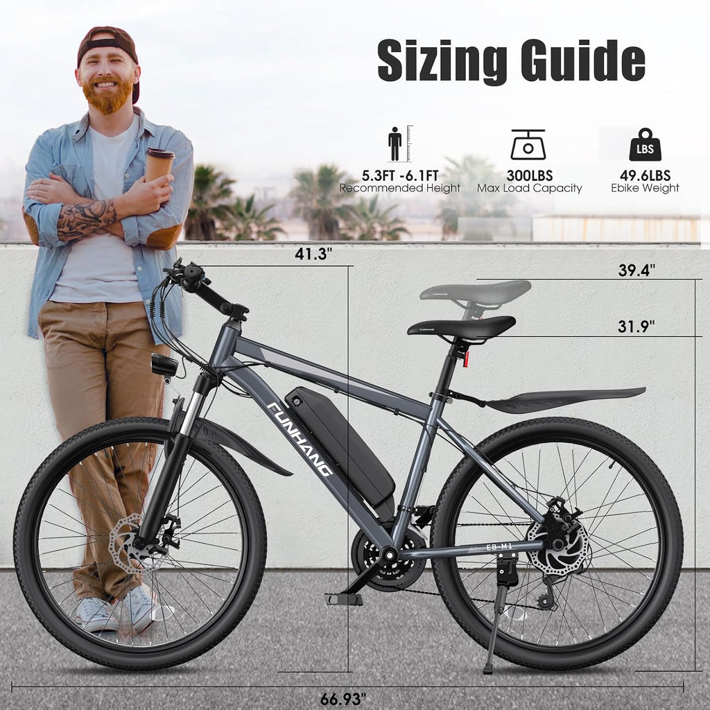 Funhang Electric Bike for Adults, 1000W Peak Ebike, 50Miles Electric Mountain Bike, 26" Adult Electric Bicycle with 48V Removable Battery, Fenders,7 Speed, Front Suspension, UL 2849 Certified