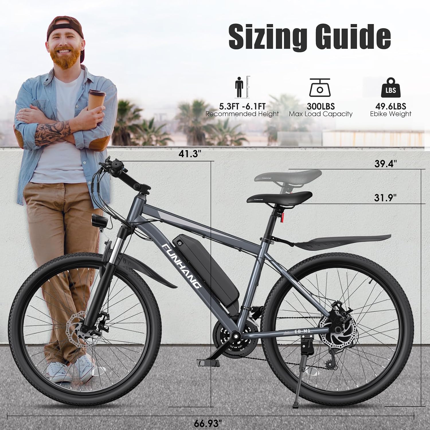 Funhang Electric Bike for Adults, 1000W Peak Ebike, 50Miles Electric Mountain Bike, 26" Adult Electric Bicycle with 48V Removable Battery, Fenders,7 Speed, Front Suspension, UL 2849 Certified
