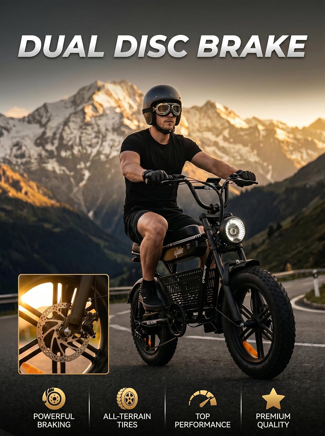 isinwheel R6mini Electric Bike Peak 1000W Motor Fat Tire Ebike,48V 13Ah Battery Range 30+Miles Top 20+ mph with Frontlight Bluetooth Speaker and Bottom-Mounted Basket for Commute,Camping