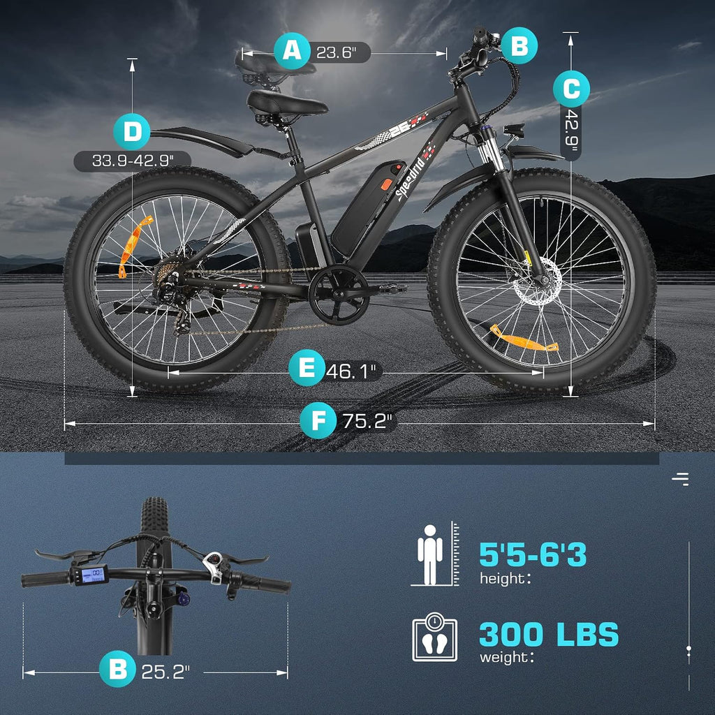 Electric Bike 26" Fat Tire Electric Bike for Adult, Peak 750W 48V 13Ah/ 10Ah Removable Battery Electric Mountain Bike, Commuting Off Road Ebike 7 Speed & Front Suspension Fast Charge