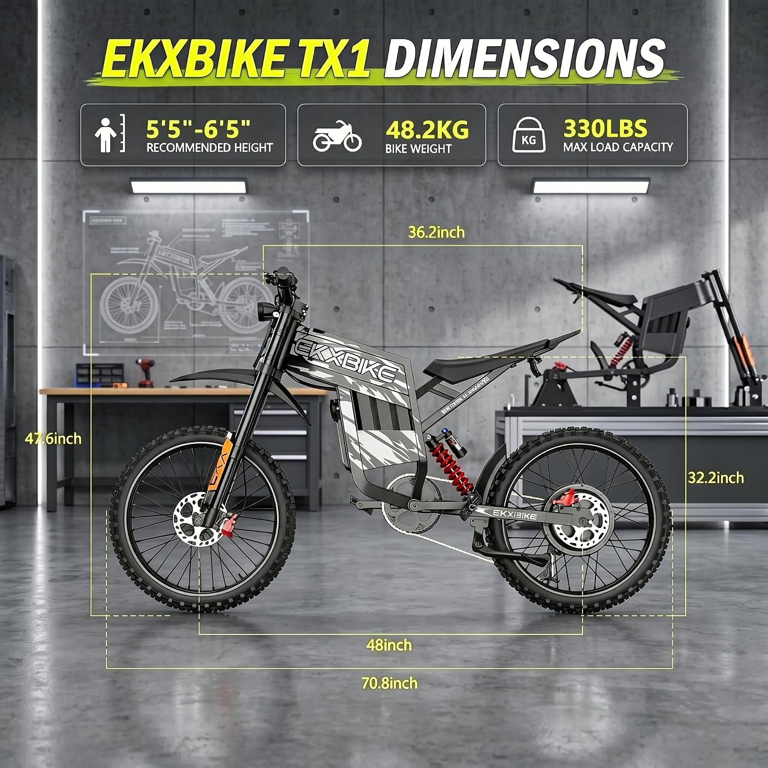 EKXBIKE TX1 Electric Dirt Bike for Adults, Off Road Electric Motorcycle | 7000W Peak Motor, 55MPH Top Speed, 60V 30Ah Battery, Up to 120KM Range and Full Suspension for Rugged Terrain