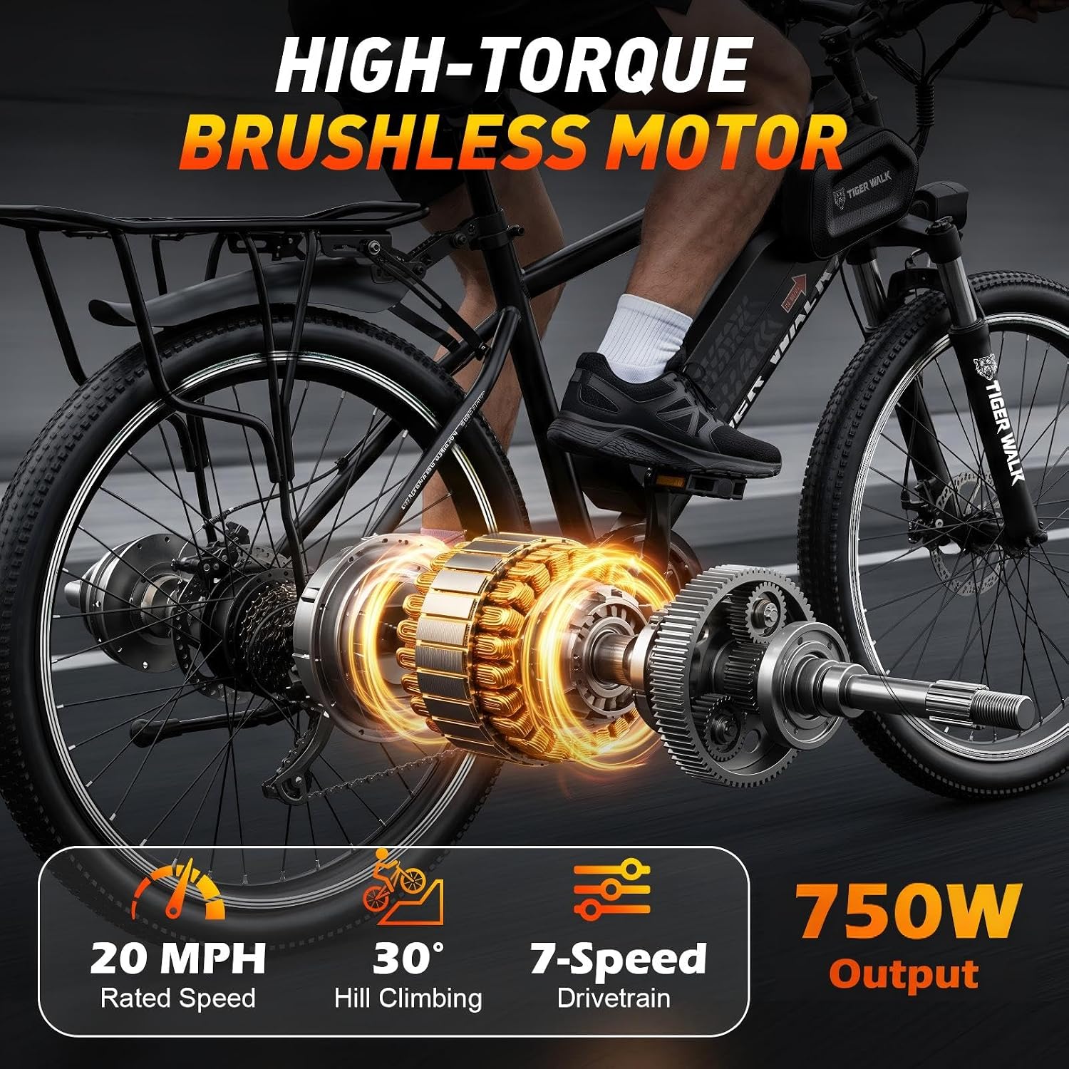 Electric Bike for Adults, 26" Mountain Ebike, Lockout Suspension Fork, 48V 10Ah Removable Battery, 45-Mile PAS Range, 7-Speed, LCD Display, Detachable Rear Rack