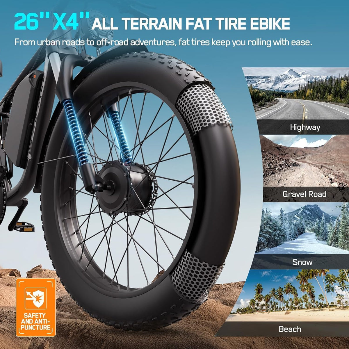 5000W Electric Bike for Adults Dual Motor– 45MPH Top Speed, 52V 23Ah Battery Up to 100 Miles Lockable Front Suspension 26" Fat Tire E-Bike for Mountain Snow Beach & Daily Commute