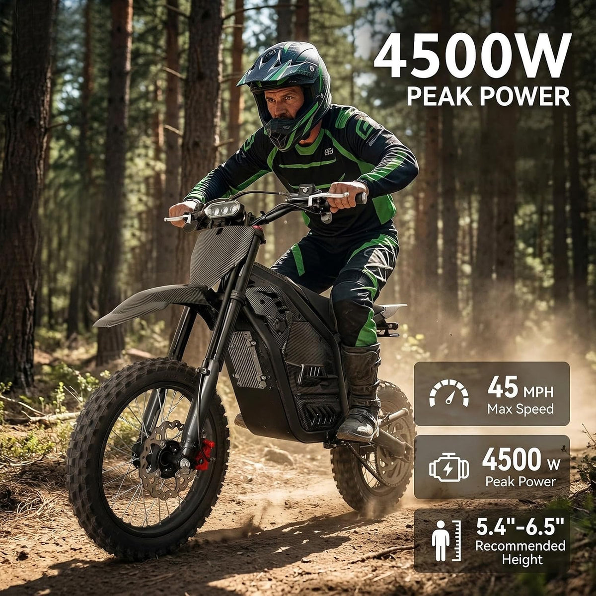 Electric Dirt Bike,4500W Peak Motor 48V 23Ah 45MPH 50 Miles Range