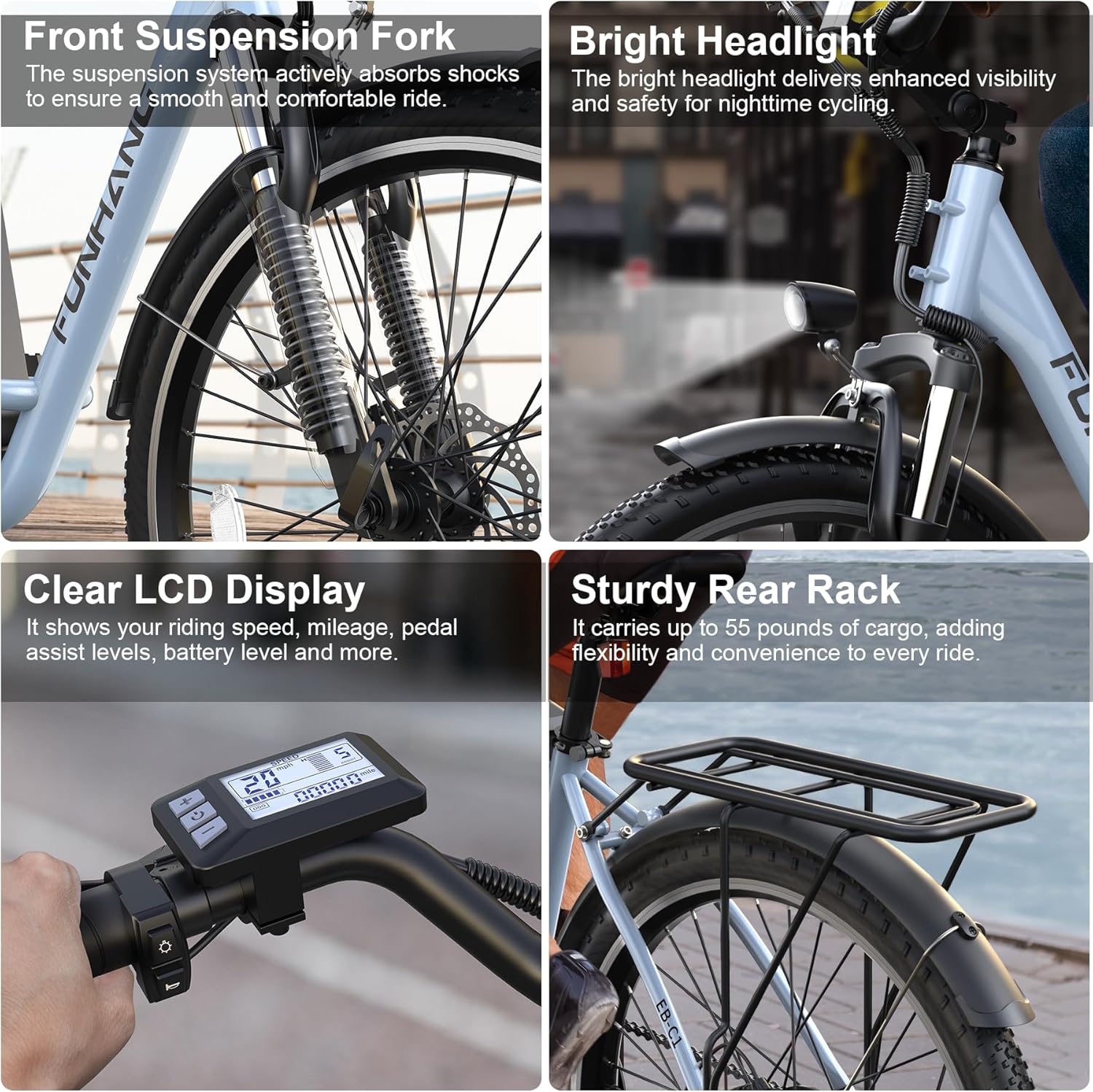 Funhang Electric Bike for Adults, 26" City Cruiser Ebike with 1000W Peak Motor, 20MPH 50 Miles Commuter Adult Electric Bicycles with 48V Battery, Adjustable Stem, 7-Speed, UL 2849 Certified