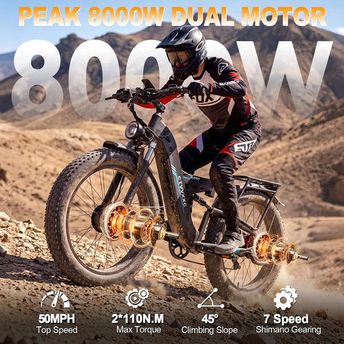 8000W Peak 52V Dual Motor Ebike for Adults,50 MPH Max Electric Dirt Bike