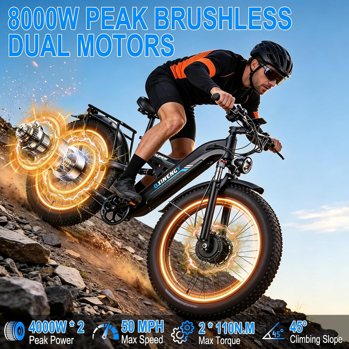 8000W Peak Dual Motor Ebike for Adults, Max 50 MpH Up to 100 Miles 52V 30AH