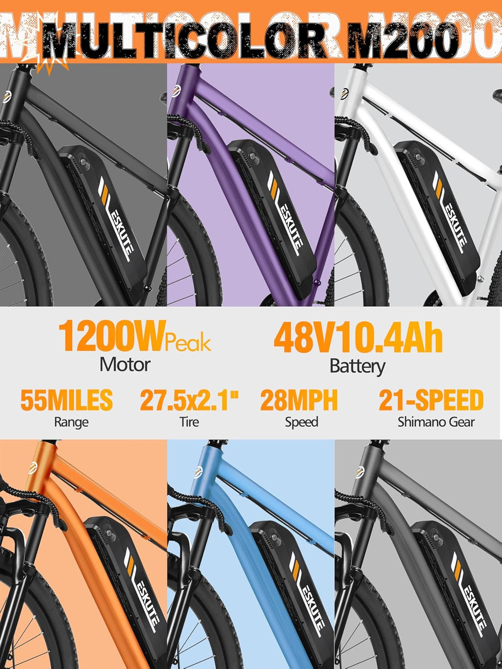 M200 Electric Bike for Adults – 21-Speed Gear 27.5" Mountain E-Bike, 1200W Peak Brushless Motor 28MPH, 48V 10.4Ah&13Ah Removable Battery, Up to 55-65 Miles Range, Step Over Commuter E-MTB, NFC Unlock