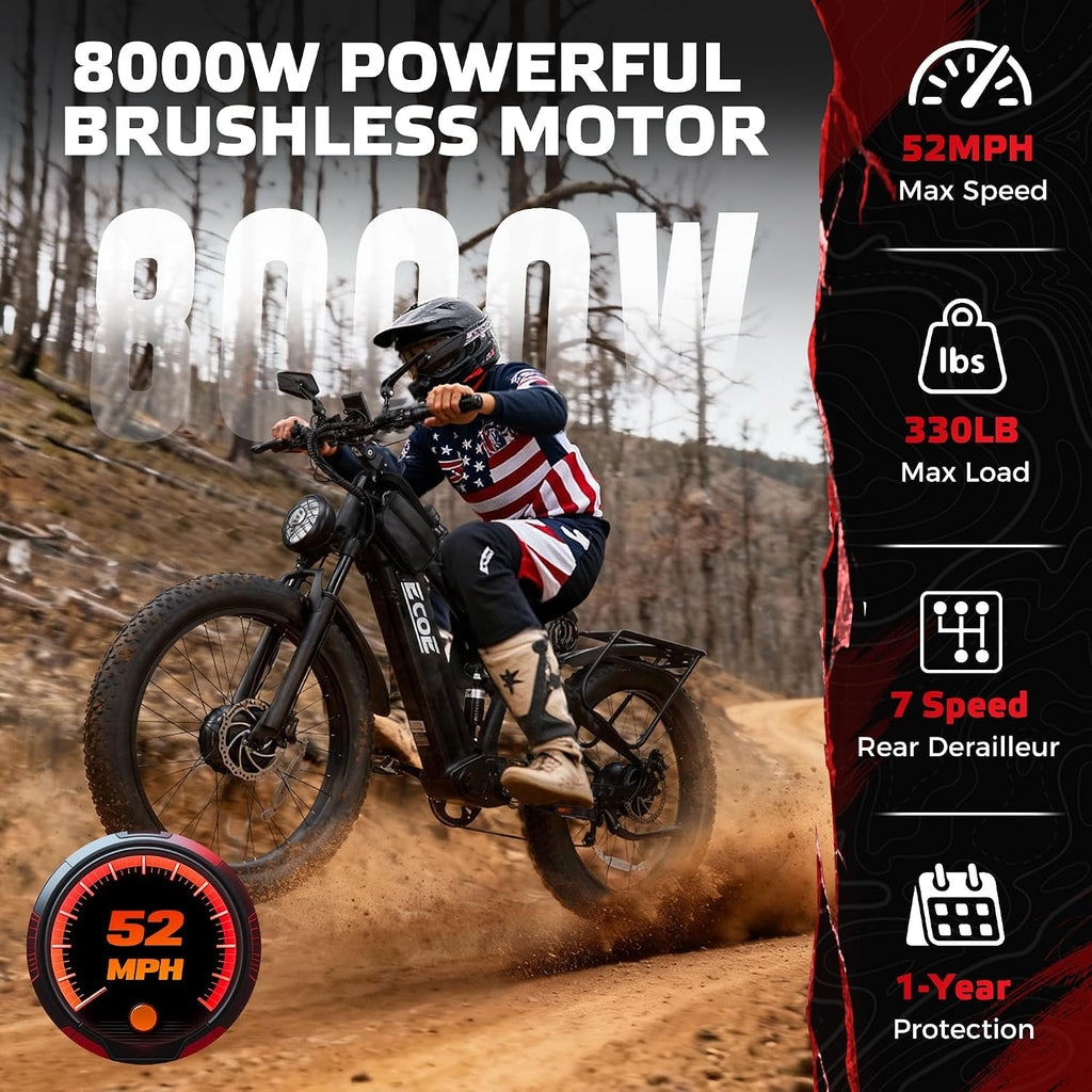 EcoE 8OOOW Dual Motor Electric Bike for Adults 5OMPH 60V32A, 26x4 Fat Tire All Terrain Ebikes, Full Suspension E Bike, 7-Speed Gear Electric Bicycle