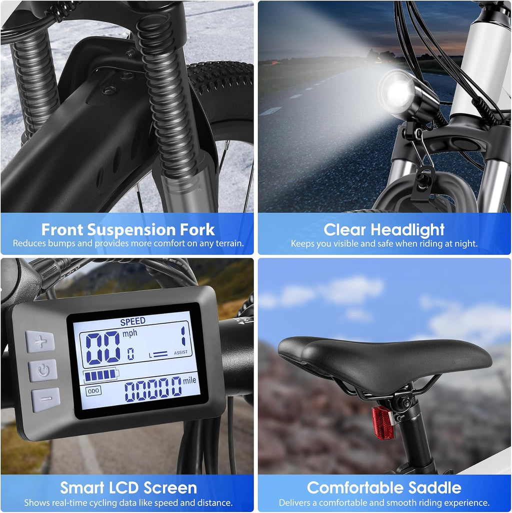 Electric Bike for Adults, 26" Ebike with 1000W Peak Motor, 20MPH 50Miles Electric Mountain Bike with 48V Removable Battery, 7-Speed, Front Suspension, LCD Display, UL 2849 Certified