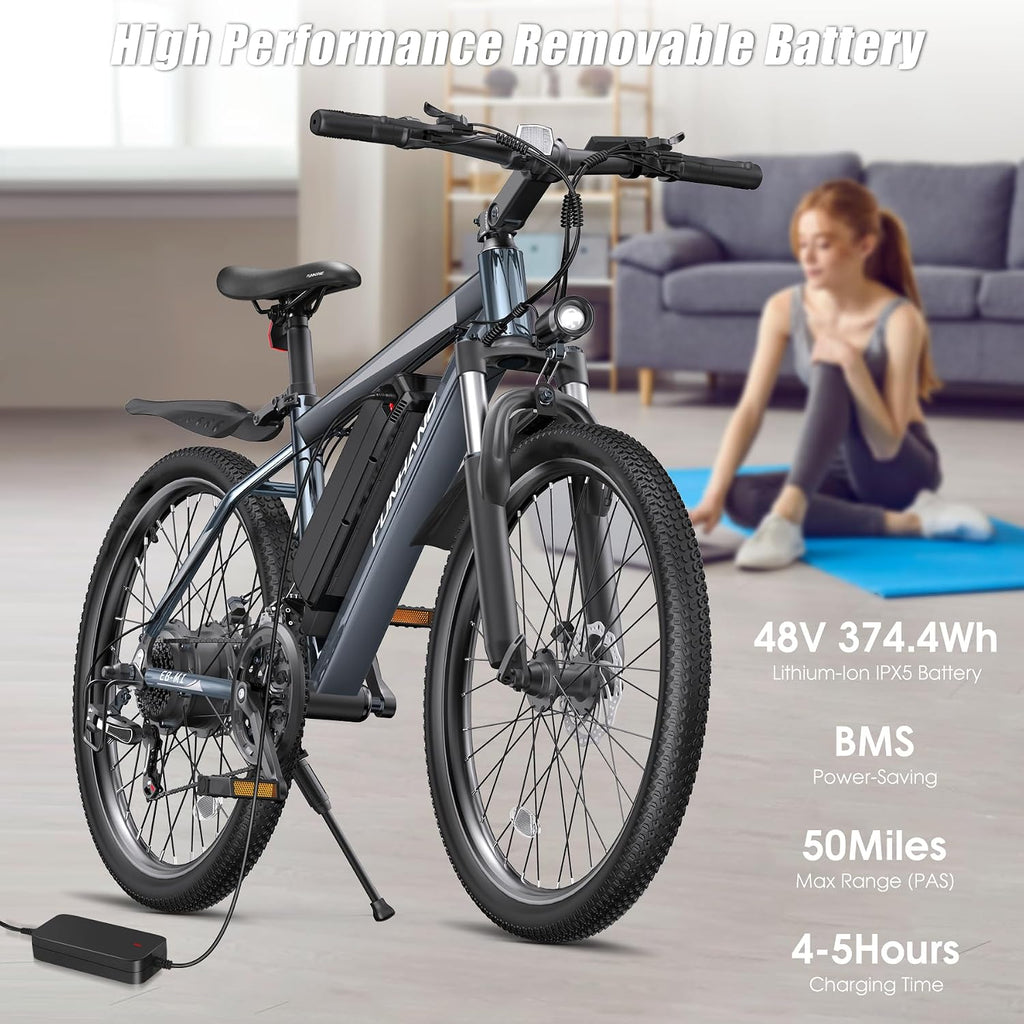 Funhang Electric Bike for Adults, 1000W Peak Ebike, 50Miles Electric Mountain Bike, 26" Adult Electric Bicycle with 48V Removable Battery, Fenders,7 Speed, Front Suspension, UL 2849 Certified