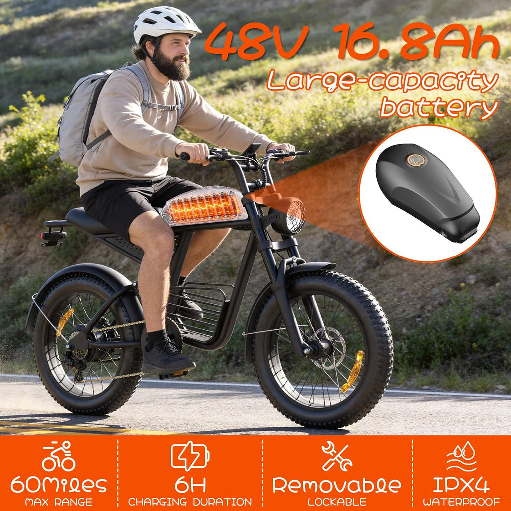 Electric Bike for Adults, 48V 1500W/3000W Dual Peak Motor, 35 mph Top Speed, 20" 4.0" Fat Tires, 7-Speed Shimano Gears,50-60Miles Pedal Assist, for City, Mountain & Beach Riding