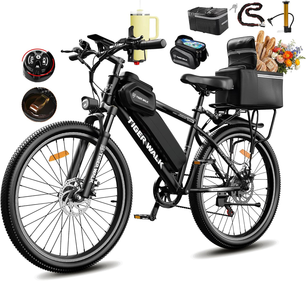 Electric Bike for Adults, 26" Mountain Ebike, Lockout Suspension Fork, 48V 10Ah Removable Battery, 45-Mile PAS Range, 7-Speed, LCD Display, Detachable Rear Rack