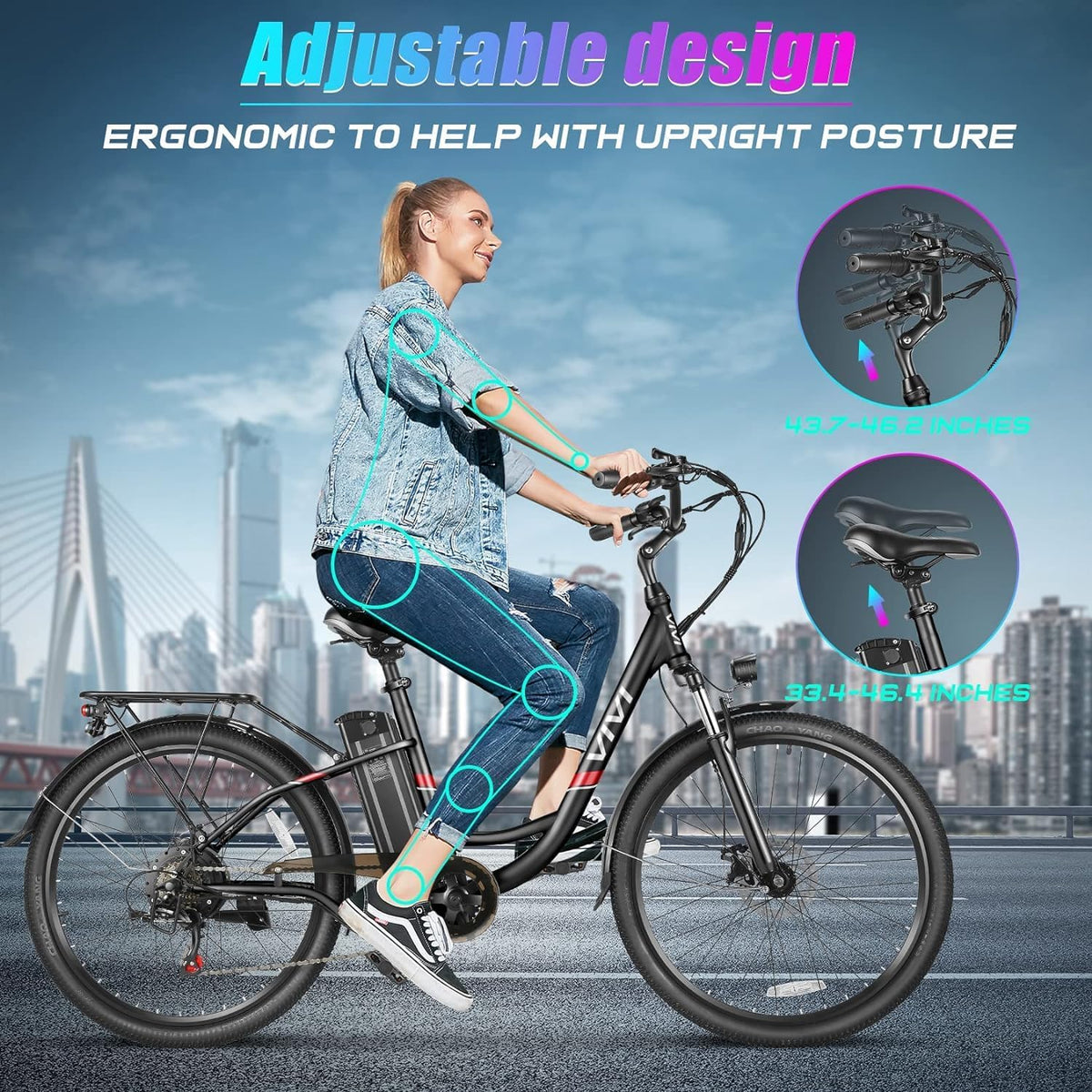 Vivi Electric Bike for Adults, 26'' Step Through Electric Commuter E Bike