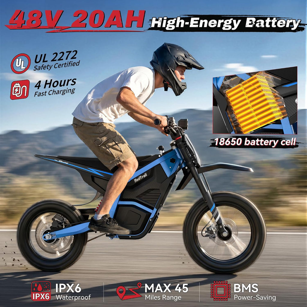48V Electric Dirt Bike for Adults & Teens , Peak & 16-40 MPH