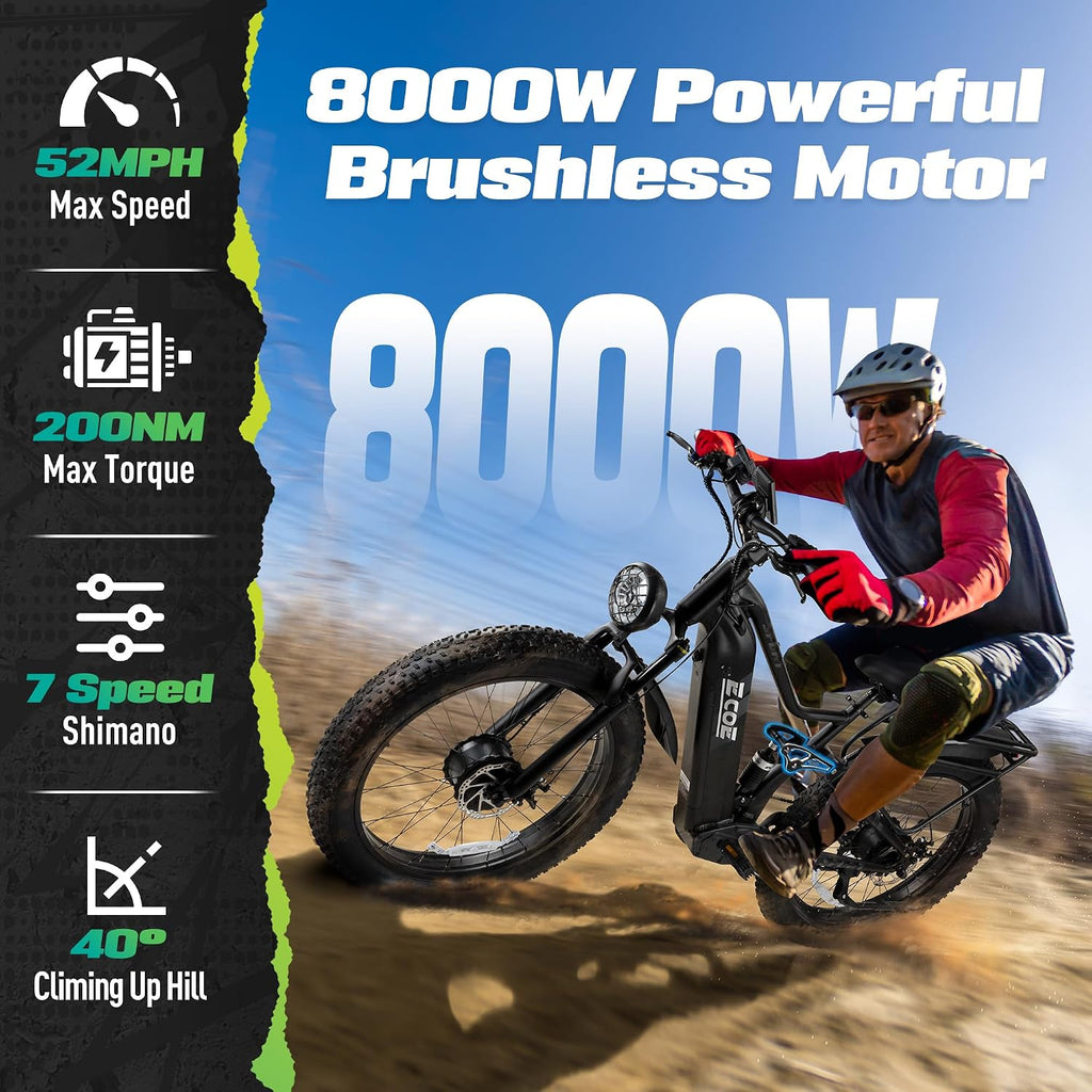 EcoE 8OOOW Dual Motor Electric Bike for Adults 5OMPH 60V32A, 26x4 Fat Tire All Terrain Ebikes, Full Suspension E Bike, 7-Speed Gear Electric Bicycle