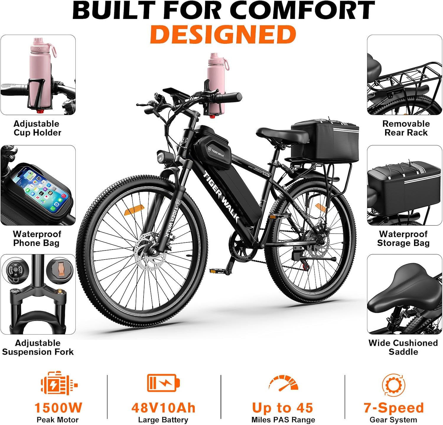 Electric Bike for Adults, 26" Mountain Ebike, 1500W Peak, 48V 10Ah