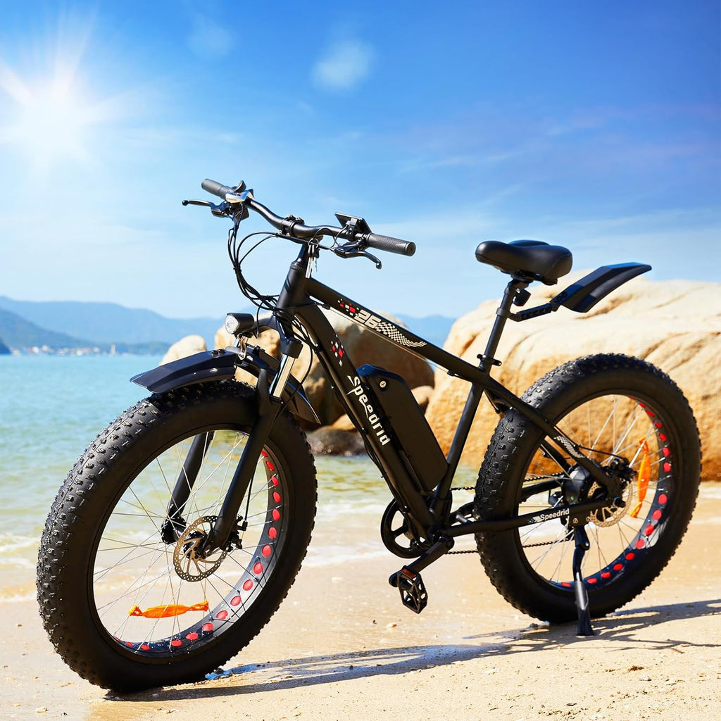 Electric Bike 26" Fat Tire Electric Bike for Adult, Peak 750W 48V 13Ah/ 10Ah Removable Battery Electric Mountain Bike, Commuting Off Road Ebike 7 Speed & Front Suspension Fast Charge