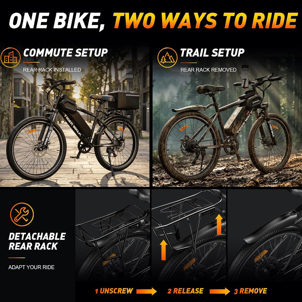 Electric Bike for Adults, 26" Mountain Ebike, Lockout Suspension Fork, 48V 10Ah Removable Battery, 45-Mile PAS Range, 7-Speed, LCD Display, Detachable Rear Rack