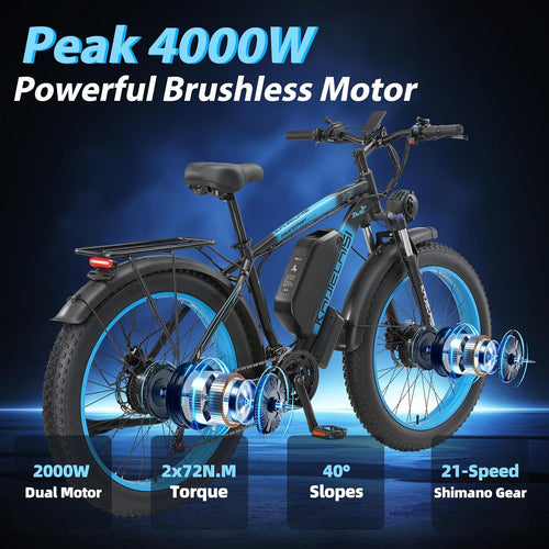 AWD Electric Bike for Adults, Peak 4000W Power 26” Fat Tire Ebike, Dual Motor Electric Bicycles, 48V 22.4AH Removable Battery Fast Dual Hydraulic Brakes 21-Speed All Terrain E-Bikes