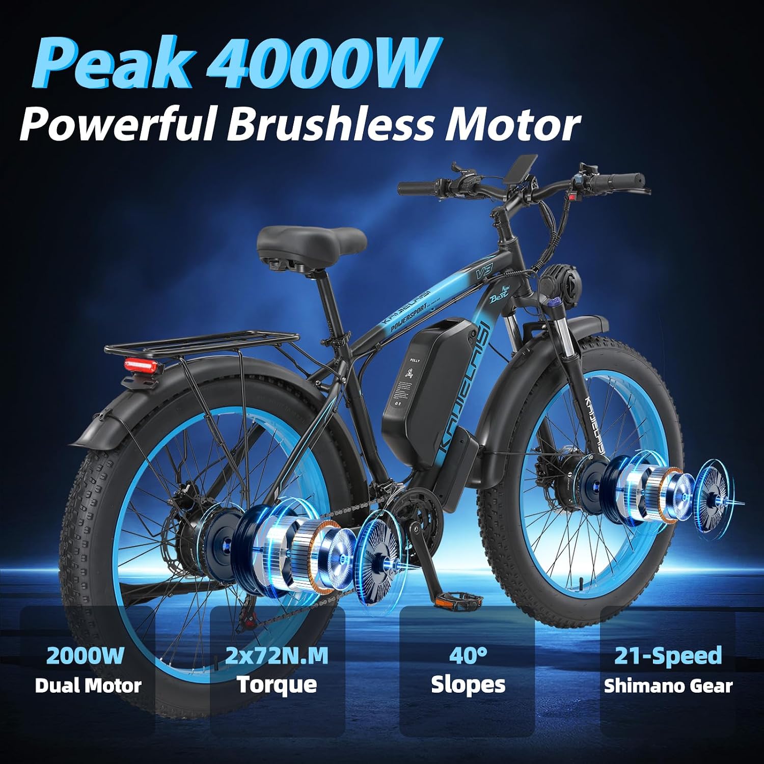 AWD Electric Bike for Adults, Peak 4000W Power 26” Fat Tire Ebike, Dual Motor Electric Bicycles, 48V 22.4AH Removable Battery Fast Dual Hydraulic Brakes 21-Speed All Terrain E-Bikes