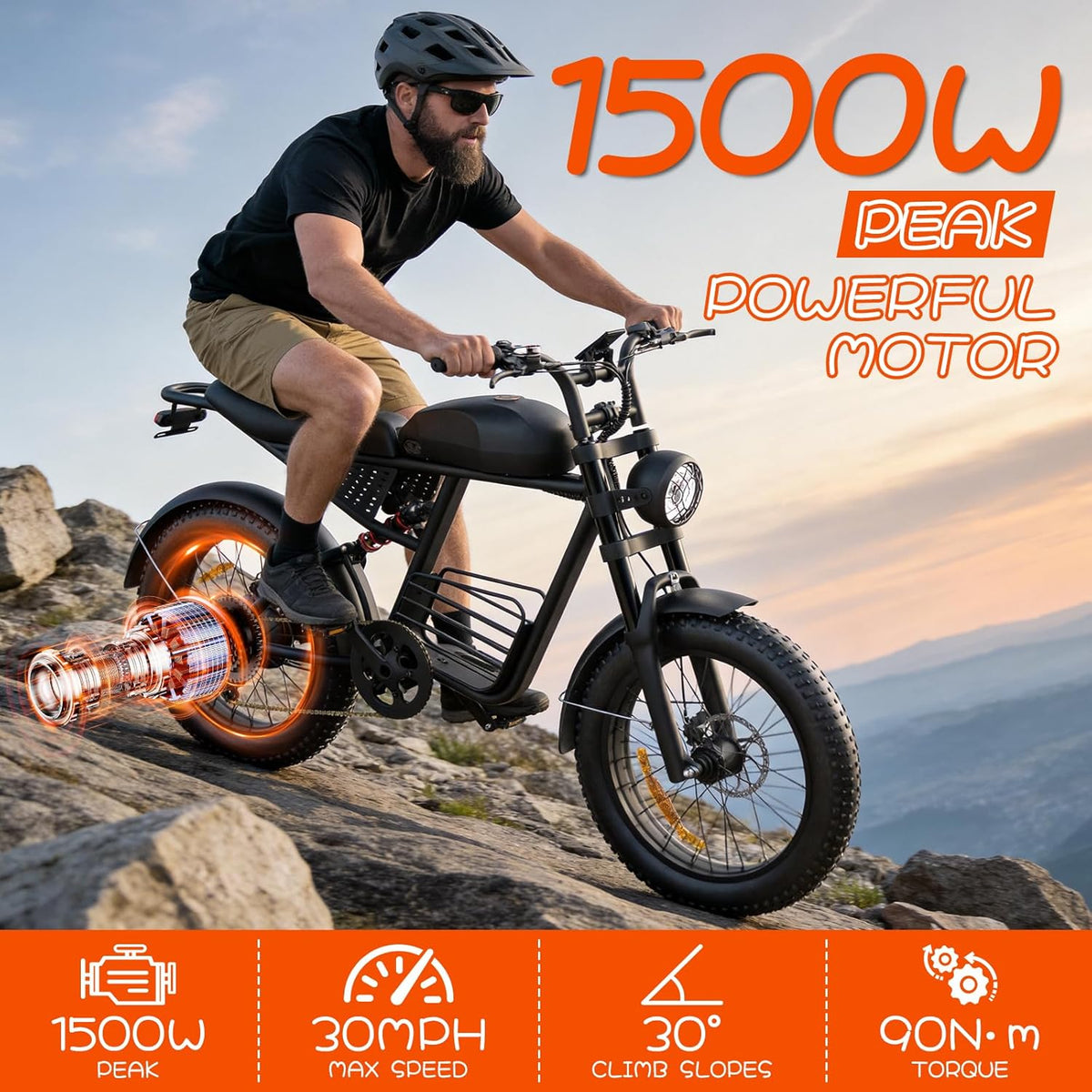 Electric Bike for Adults, 48V 1500W/3000W Dual Peak Motor, 35 mph Top Speed, 20" 4.0" Fat Tires, 7-Speed Shimano Gears,50-60Miles Pedal Assist, for City, Mountain & Beach Riding