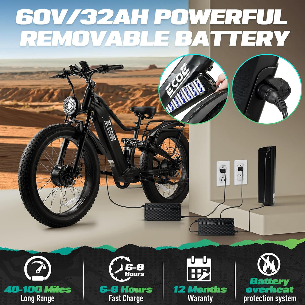 EcoE 8OOOW Dual Motor Electric Bike for Adults 5OMPH 60V32A, 26x4 Fat Tire All Terrain Ebikes, Full Suspension E Bike, 7-Speed Gear Electric Bicycle