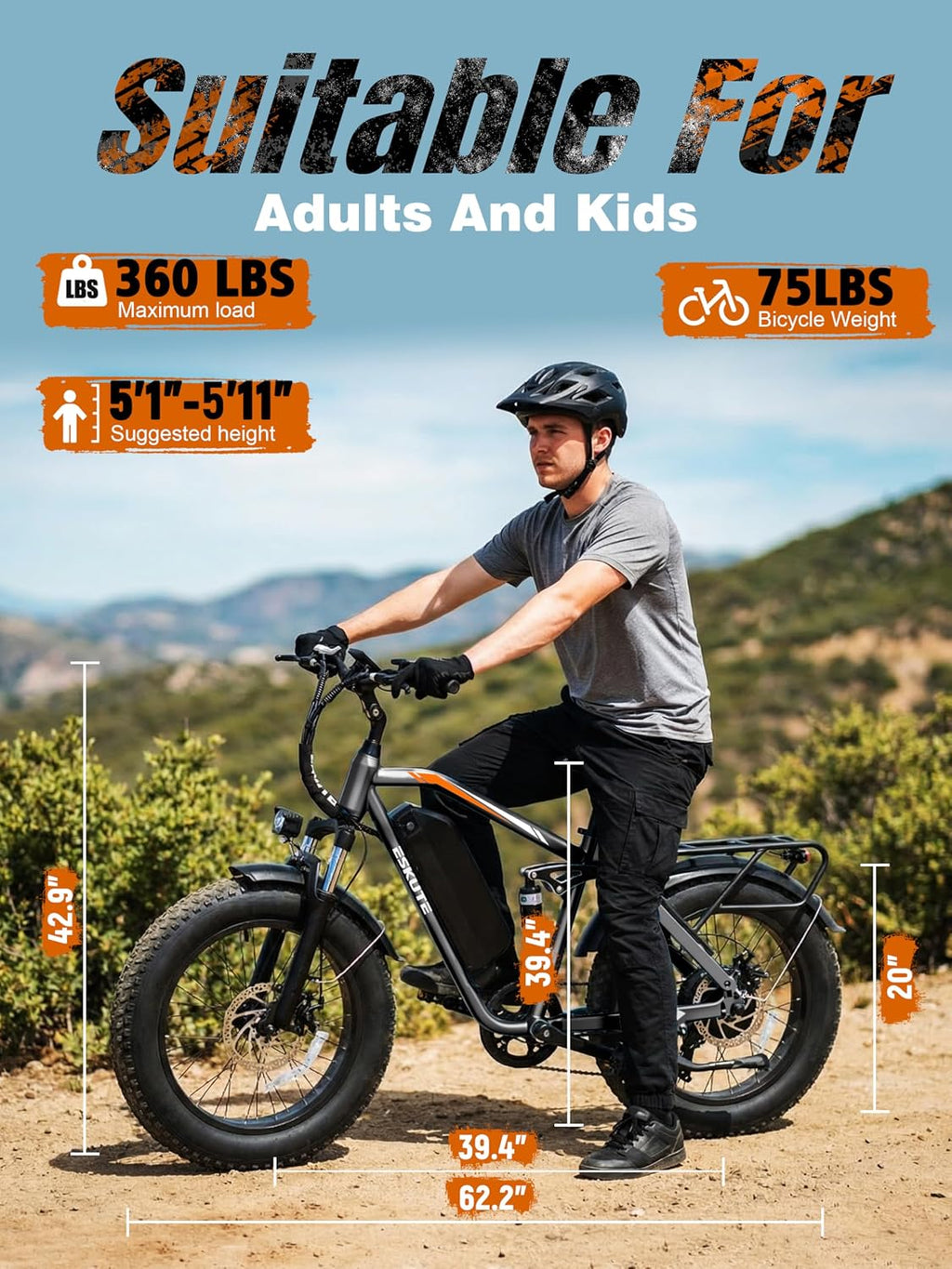 ESKUTE M300F Electric Bike for Adults, 52V 20.8Ah Long Range Battery, 33MPH Fast Ebike 1200W Motor, 20" x 4" Fat Tire Electric Mountain Bike for Men Women, Full Suspension, Commute, Off-Road