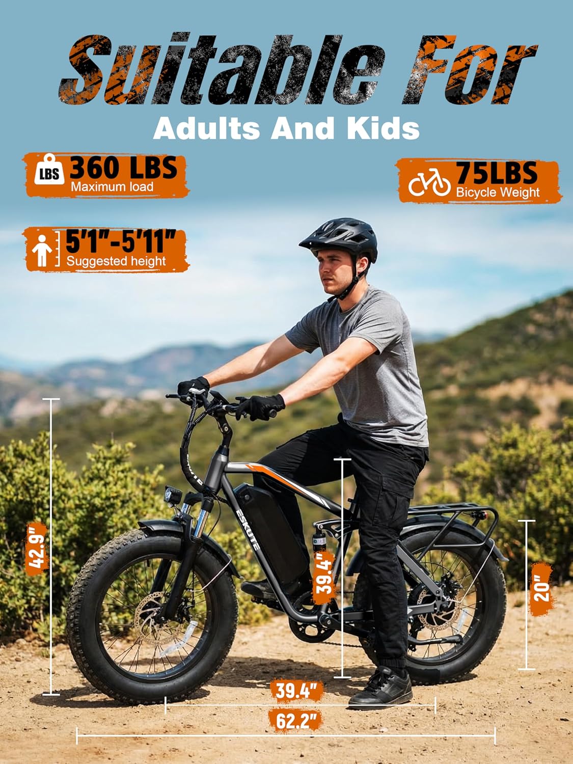 ESKUTE M300F Electric Bike for Adults, 52V 20.8Ah Long Range Battery, 33MPH Fast Ebike 1200W Motor, 20" x 4" Fat Tire Electric Mountain Bike for Men Women, Full Suspension, Commute, Off-Road