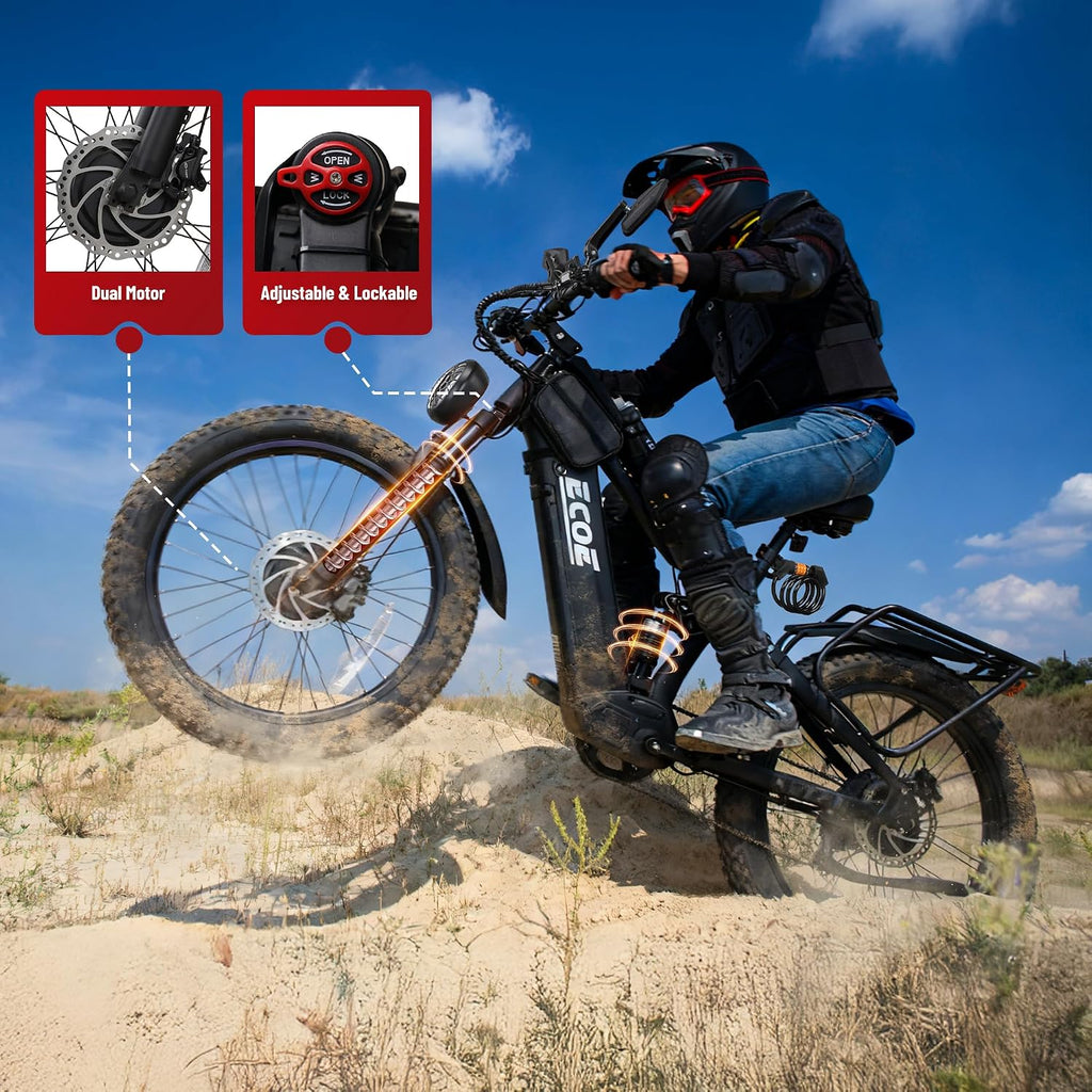 EcoE 8OOOW Dual Motor Electric Bike for Adults 5OMPH 60V32A, 26x4 Fat Tire All Terrain Ebikes, Full Suspension E Bike, 7-Speed Gear Electric Bicycle
