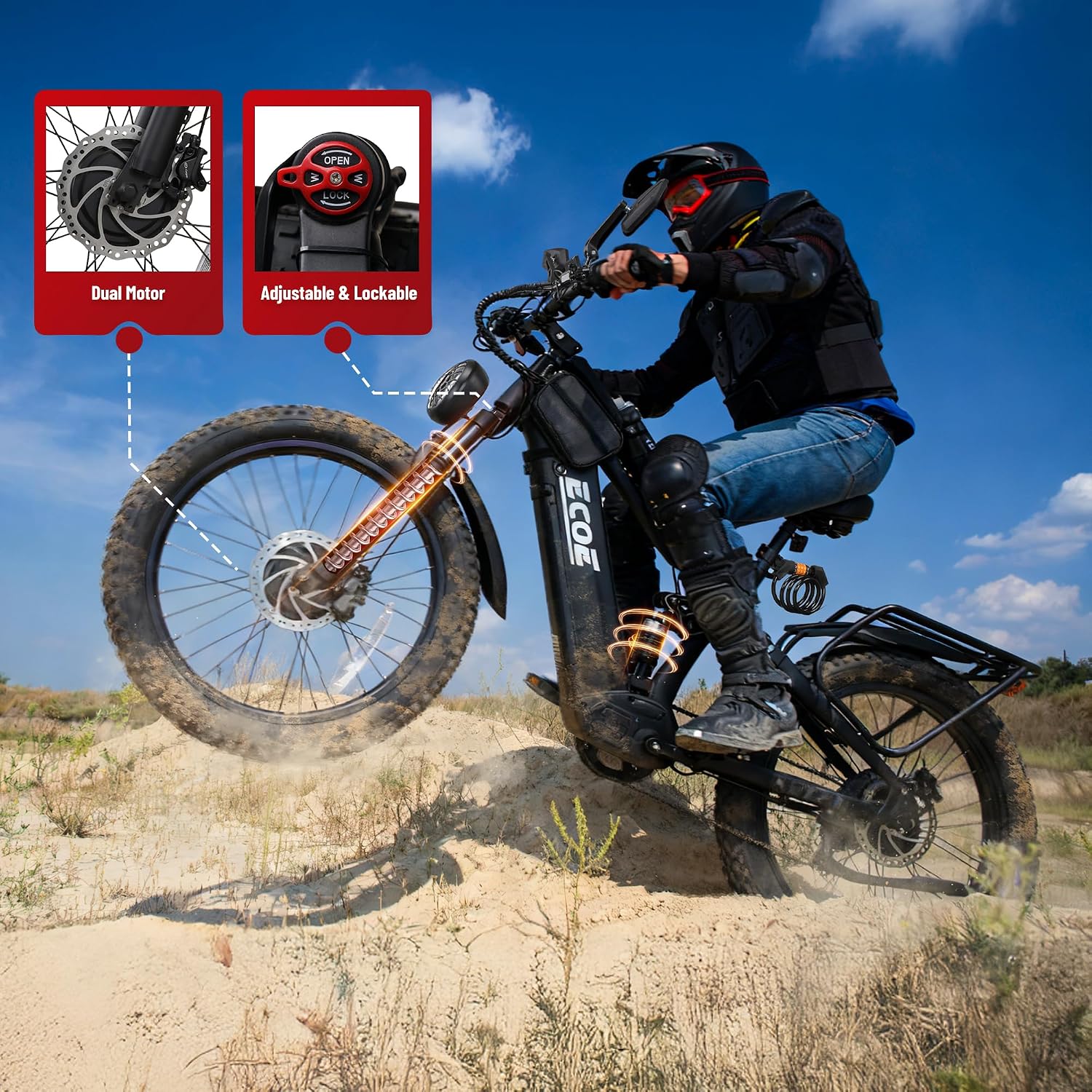 EcoE 8OOOW Dual Motor Electric Bike for Adults 5OMPH 60V32A, 26x4 Fat Tire All Terrain Ebikes, Full Suspension E Bike, 7-Speed Gear Electric Bicycle