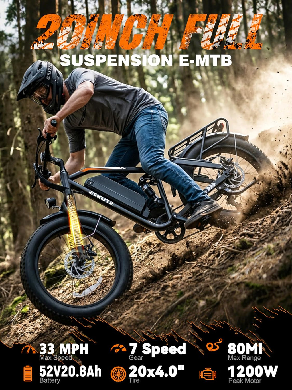 ESKUTE M300F Electric Bike for Adults, 52V 20.8Ah Long Range Battery, 33MPH Fast Ebike 1200W Motor, 20" x 4" Fat Tire Electric Mountain Bike for Men Women, Full Suspension, Commute, Off-Road